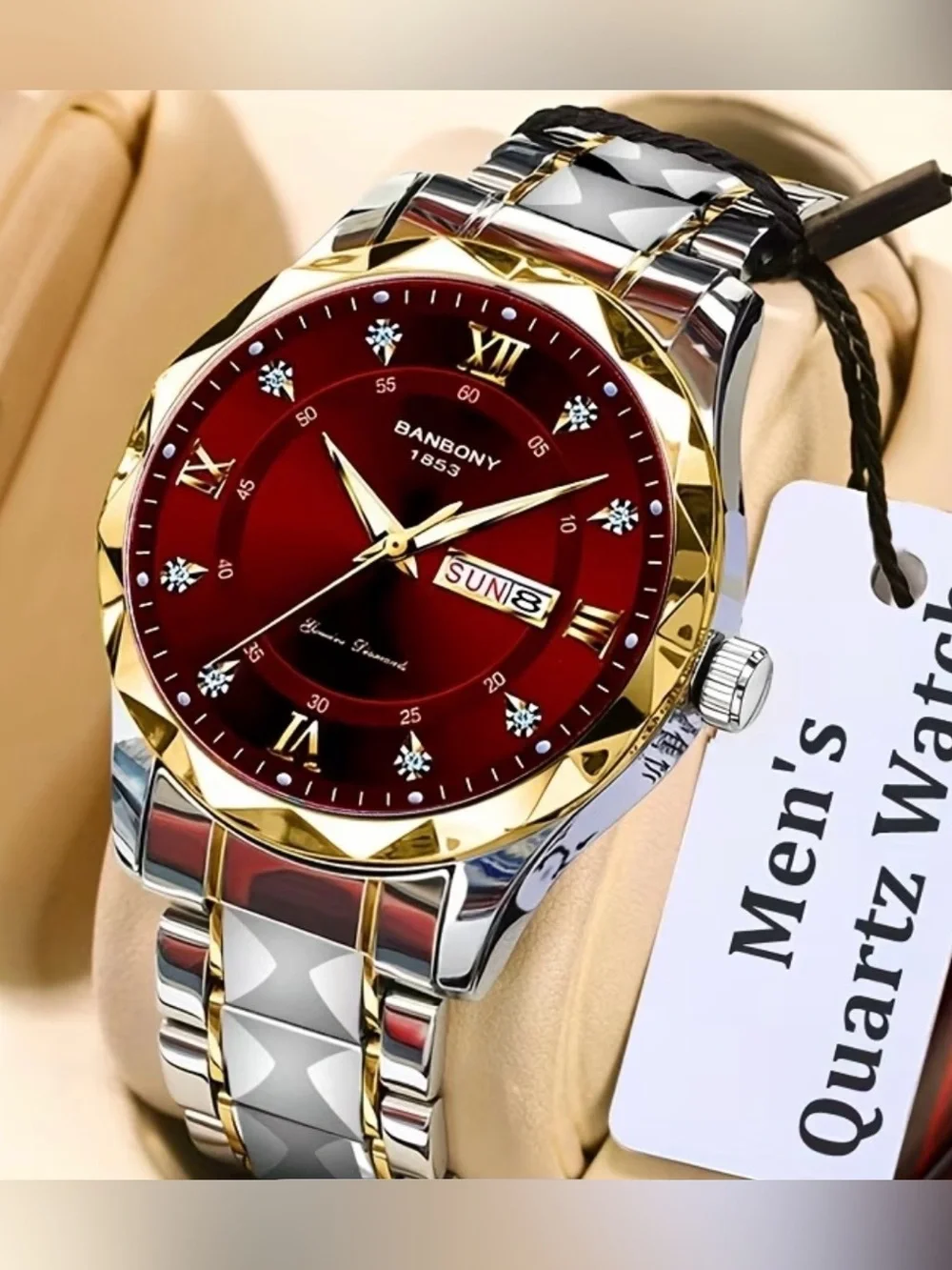 BANBONY stainless steel strip Quartz Watch with Rhinestone, Roman Numeral 41mm